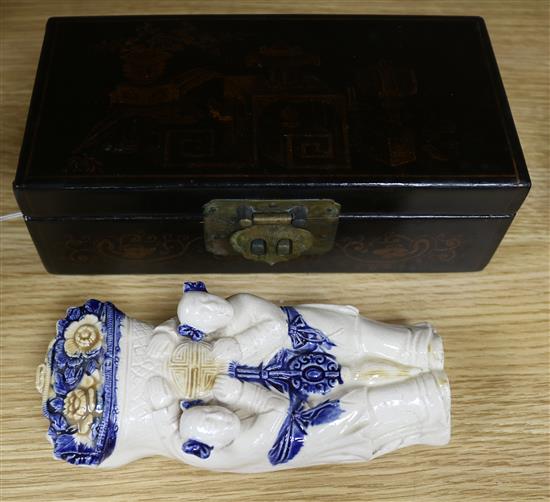 A Chinese pottery wall pocket and a Chinese lacquer box